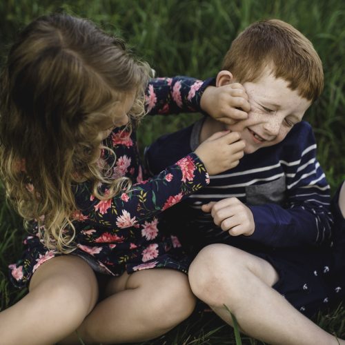 Boy and sister play fighting in field